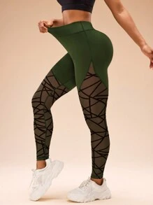 女款植绒网眼撞色运动紧身裤瑜伽裤