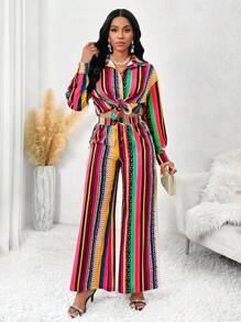 SHEIN Lady Four Seasons Red Set Casual Two Piece Set Women Women Suits Fall Sets Bohemian Style Casual Colorful Striped Long-Sleeved Shirt With Loose Wide-Leg Pants Women Fall Sets Fall Two Piece Sets New Women's Two-Piece Set