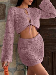 RueChic Hollow Out Cover Up Set, For Summer Beach Vacation - Pink - View 3