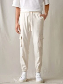 Manfinity VCAY Men's Casual Woven Loose Solid Color Elastic Waist Straight Leg Pants - White - View 1