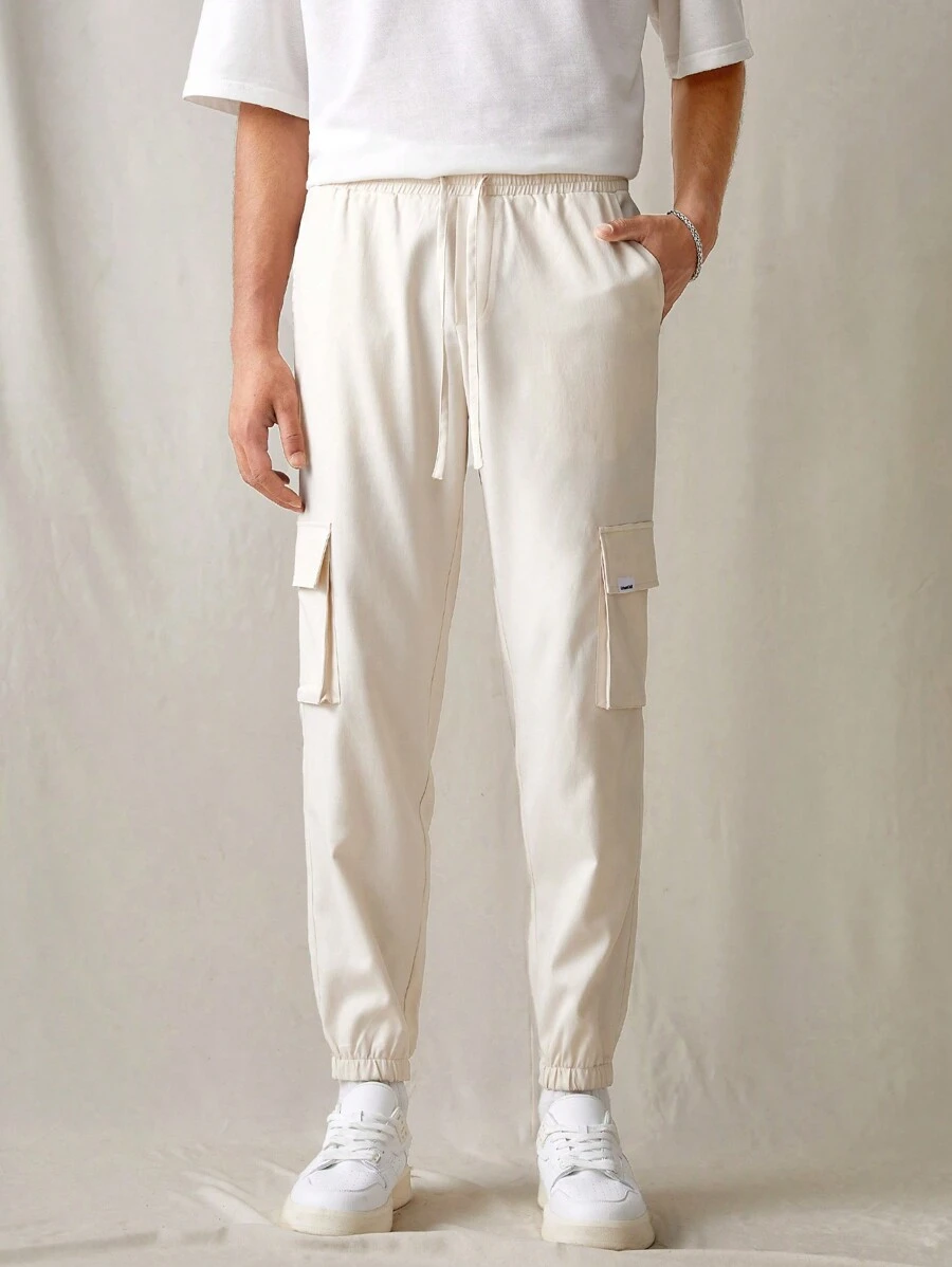 Manfinity VCAY Men's Casual Woven Loose Solid Color Elastic Waist Straight Leg Pants - White - View 1