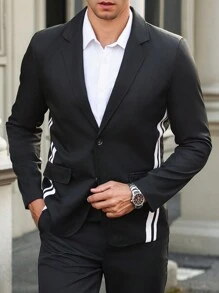 Manfinity Mode Blazer de manga larga con contraste de color a rayas blancas y negras para hombres - Negro - Ver 4