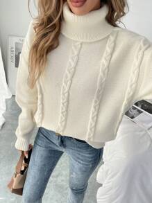 SHEIN LUNE Áo len nữ dáng rộng cổ cao tay dài màu trơn, kiểu dáng thường ngày, thích hợp cho mùa thu/đông, áo len chui đầu mùa thu. - Màu be - Xem 5