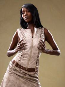 MUSERA Lace Up And Zip Up PU Top Vacation Spring Summer Sexy Club Festival - Multicolor - View 1