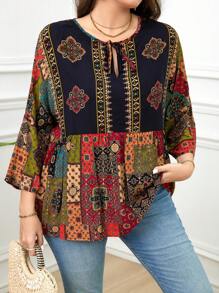 SHEIN Plus Size Casual Vintage Floral Print Shirt Peplum Top - Multicolor - View 7