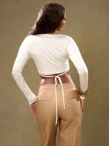 MUSERA Long Sleeve Cut Out Crop Top Going Out Top Vacation Spring Summer Sexy , Elegant Festival - Apricot - View 2