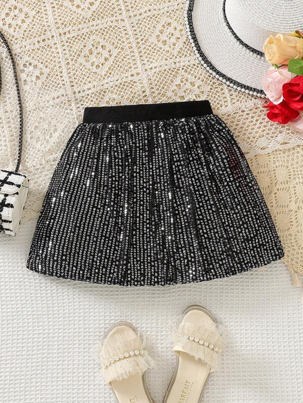 Young Girl Elegant And Sparkling Sequins Decorated A-Line Mini Skirt, Suitable For Party And Gatherings In Autumn, For Christmas