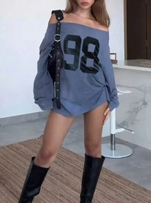 SHEIN EZwear 女式休闲宽松数字印花露肩长袖 T 恤，春夏 - 霧霾藍 - 查看 1