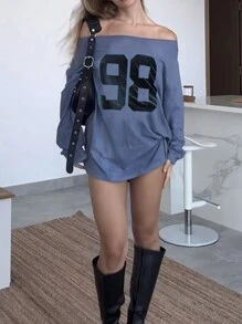 SHEIN EZwear 女式休闲宽松数字印花露肩长袖 T 恤，春夏 - 霧霾藍 - 查看 3