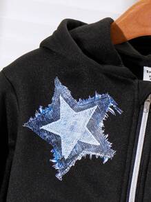 SHEIN 1件男童星形印花连帽休闲卫衣，可与兄弟姐妹搭配（2件单独出售） - 黑色 - 查看 6