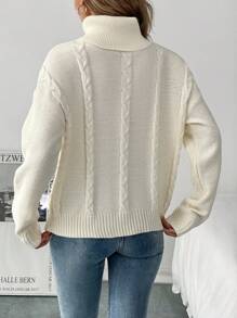 SHEIN LUNE Áo len nữ dáng rộng cổ cao tay dài màu trơn, kiểu dáng thường ngày, thích hợp cho mùa thu/đông, áo len chui đầu mùa thu. - Màu be - Xem 2