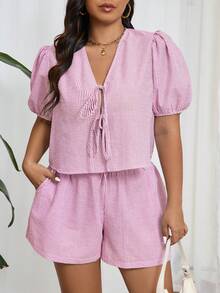 SHEIN Frenchy 大码条纹衬衫和短裤套装大码条纹休闲大码女士夏季两件套，宽松，短袖衬衫和短裤，轻松别致的度假套装，格子衬衫和格子短裤，领带，7 月 4 日 - 玫紅色 - 查看 7