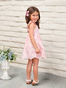 SHEIN Young Girl Bow Back Ruffle Trim Schiffy Dress Kentucky Derby Dress - Baby Pink - View 5
