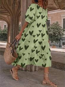 Breezaya Heart Print Loose Crew Neck Short Sleeve Casual Dress