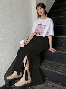 FRIFUL Women's Casual Solid Color Ruched Slit Skirt, Spring Autumn - Black - View 2