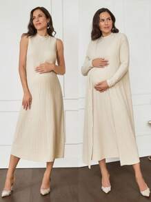 MaterniWear 2 件孕妇休闲套装：长袖飘逸开衫夹克和连衣裙，秋冬 - 杏色 - 查看 1