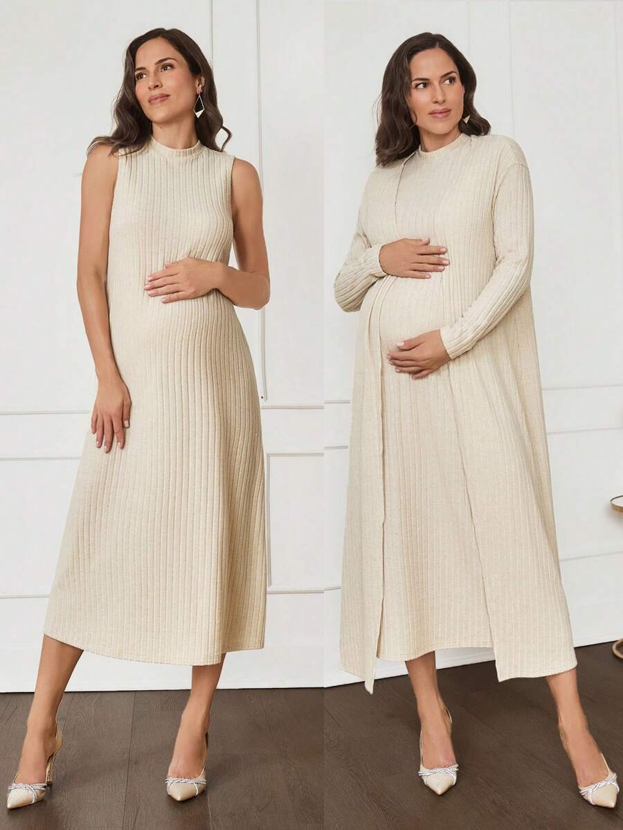 MaterniWear 2 件孕妇休闲套装：长袖飘逸开衫夹克和连衣裙，秋冬 - 杏色 - 查看 1