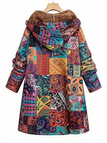 Plus Size Women's Geometric Pattern Thermal Lined Long Hooded Jacket For Fall/Winter Autumn - Multicolor - View 2