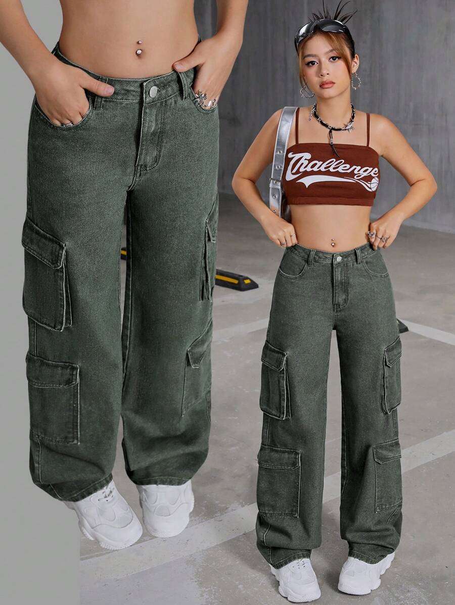 SHEIN Jeans rectos con bolsillo con solapa de cintura baja, moda Y2K para adolescentes, ropa de calle para volver al colegio - Verde militar - Ver 1