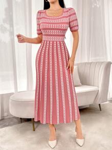 Modelyn Women's Geometric Print Square Neck Short Sleeve Maxi Sweater Dress - Pink - View 4