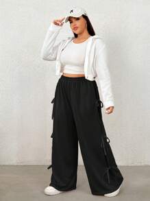 SHEIN EZwear Pantalón de chándal holgado de talla grande con lazo negro vintage