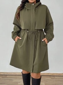 Flirla Áo khoác dài tay đơn giản màu trơn cỡ lớn cho nữ - xanh quân đội - Xem 2