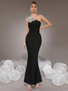 Modphy Nuevo estilo de vestido formal largo de sirena, ajustado, sin espalda, con decoración de flor de strass, para mujer - Negro - Ver 3