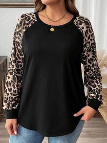 SHEIN LUNE 大码豹纹拼布印花针织 T 恤 - 彩色 - 查看 4