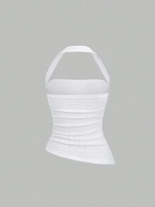 Sweetra Top halter asimétrico fruncido de unicolor para mujer, casual de vacaciones Y2K - Blanco - Ver 2