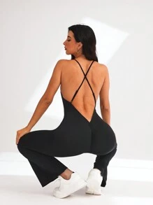 Combinaison de sport sans couture, élastique et sans dos, sans manches, combinaison de sport couvrant tout le corps - Noir - Voir 5