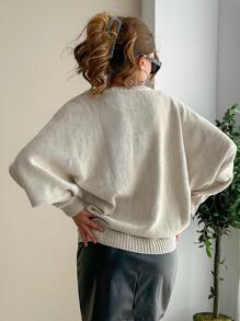 EURMUSE Elegant Cable Knit Batwing Sleeve Crew Neck Melange Yarn Sweater - Beige - View 3