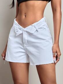 SHEIN EZwear Pantaloncini di jeans estivi casual da donna con vita arrotolata e colore tinta unita - Bianco - Visualizzare 6