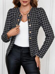 SHEIN Clasi Chaqueta ajustada de manga larga con cuello redondo y cintura ajustada, con estampado de cuadros en blanco y negro para mujeres - Blanco y Negro - Ver 5