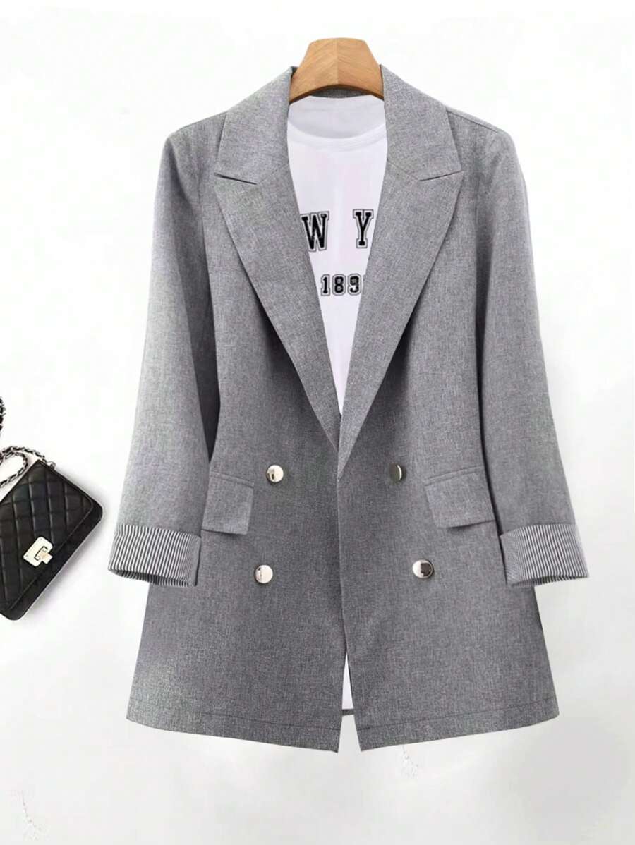 Franclia Women's Grey Contrast Striped Double-Breasted Casual Blazer Fall Cloth For Women