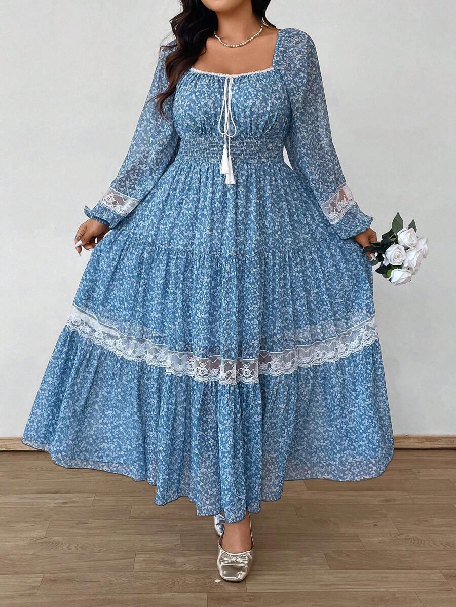 SHEIN LUNE Plus Size Square Neck Long Sleeve Contrast Lace Summer Dress Maxi Women Outfit Fall Cloth For Women - Multicolor - View 1