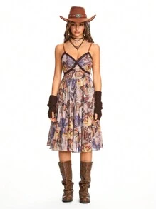 ROMWE Fairycore Summer Beach Butterfly Print Sleeveless Dress - Brown - View 7