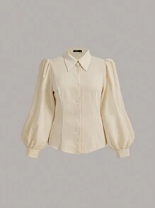 Vintamour Plus Vintage 优雅女士合身翻领长袖杏色衬衫，夏季和秋季商务休闲女士工作服女士老钱风格女士商务休闲女士服装女士 - 杏色 - 查看 1