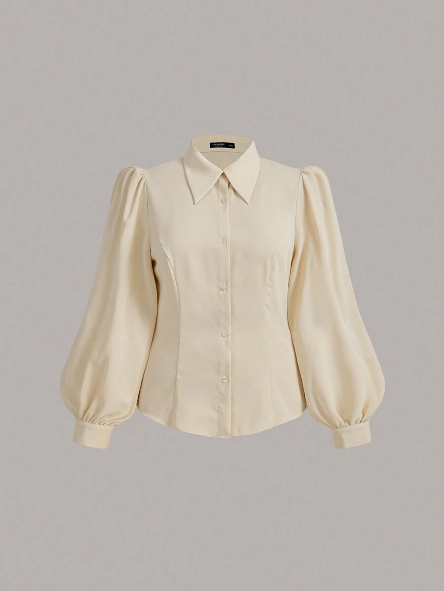 Vintamour Plus Vintage 优雅女士合身翻领长袖杏色衬衫，夏季和秋季商务休闲女士工作服女士老钱风格女士商务休闲女士服装女士 - 杏色 - 查看 1