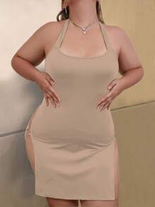 Franclia Plus Size Women's Solid Color Simple Halter Neck Casual Dress