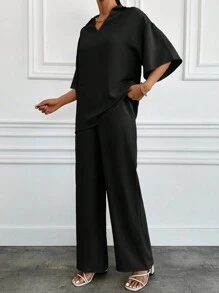 EURMUSE Solid Woven Collared V Neck  Utility Shirt & Pant Set - Black - View 6