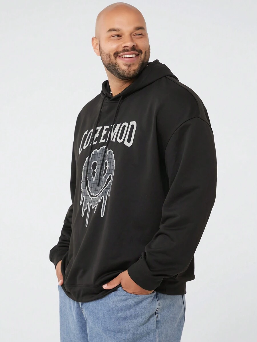 Mainfolk Plus Size Men's Casual Loose Fit Smile Print Knitted Hooded Sweatshirt, Suitable For Autumn And Winter - Black - View 1