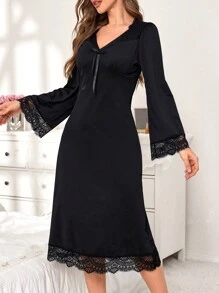 SHEIN Casual Women Solid Color Lace Patchwork Nightgown, Fall, Winter - Black - View 5