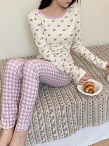 DAZY Cute Contrast Color Plaid Printed Fleece Pajamas Set - Purple - View 3