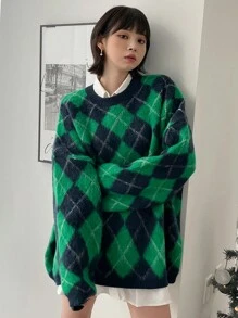 DAZY Women's Casual Loose Diamond Pattern Drop Shoulder Knit Sweater, Spring/Fall - Green - View 1