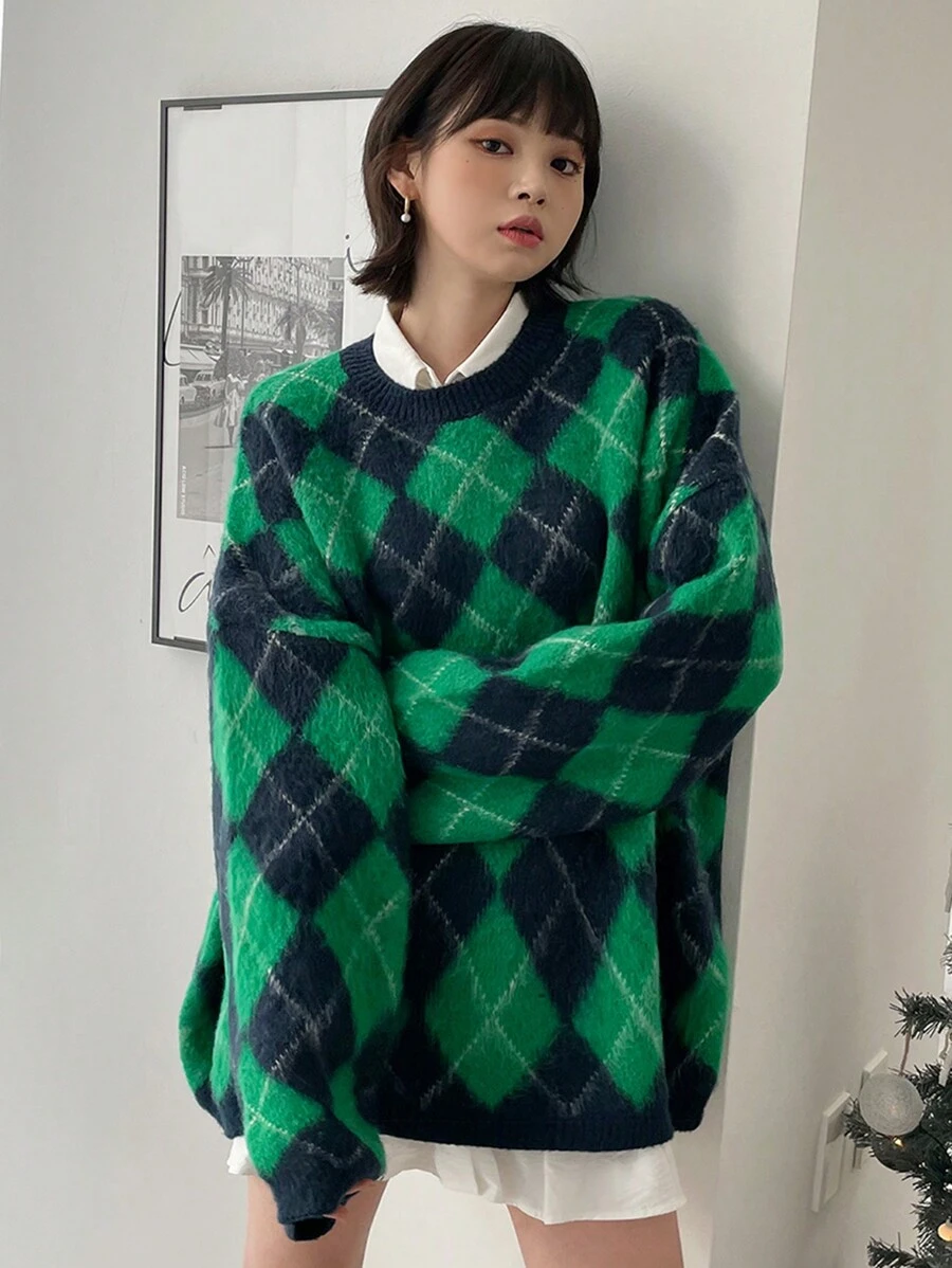 DAZY Women's Casual Loose Diamond Pattern Drop Shoulder Knit Sweater, Spring/Fall - Green - View 1