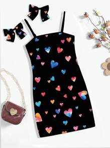Abito midi semplice e casual con stampa di cuori in acquerello, design a cartone animato, adatto per ballo, cena, ragazze giovani, idoneo per l'estate - Multicolore - Visualizzare 1