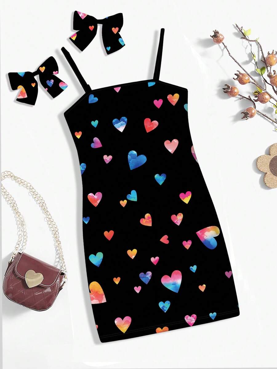 Abito midi semplice e casual con stampa di cuori in acquerello, design a cartone animato, adatto per ballo, cena, ragazze giovani, idoneo per l'estate - Multicolore - Visualizzare 1
