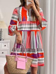 Breezaya V-Neck Mid-Length Sleeve Striped Simple Ruched Casual Dress - Multicolor - View 5