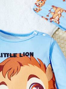SHEIN 3pcs/Set Baby Boy Cute Lion Print Long Sleeve Top And Pants With Hat Home Wear