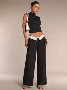 SHEIN BAE Women's Black Solid Color Waist Fold Lace Contrast Wide Leg Loose Elegant Casual Pants